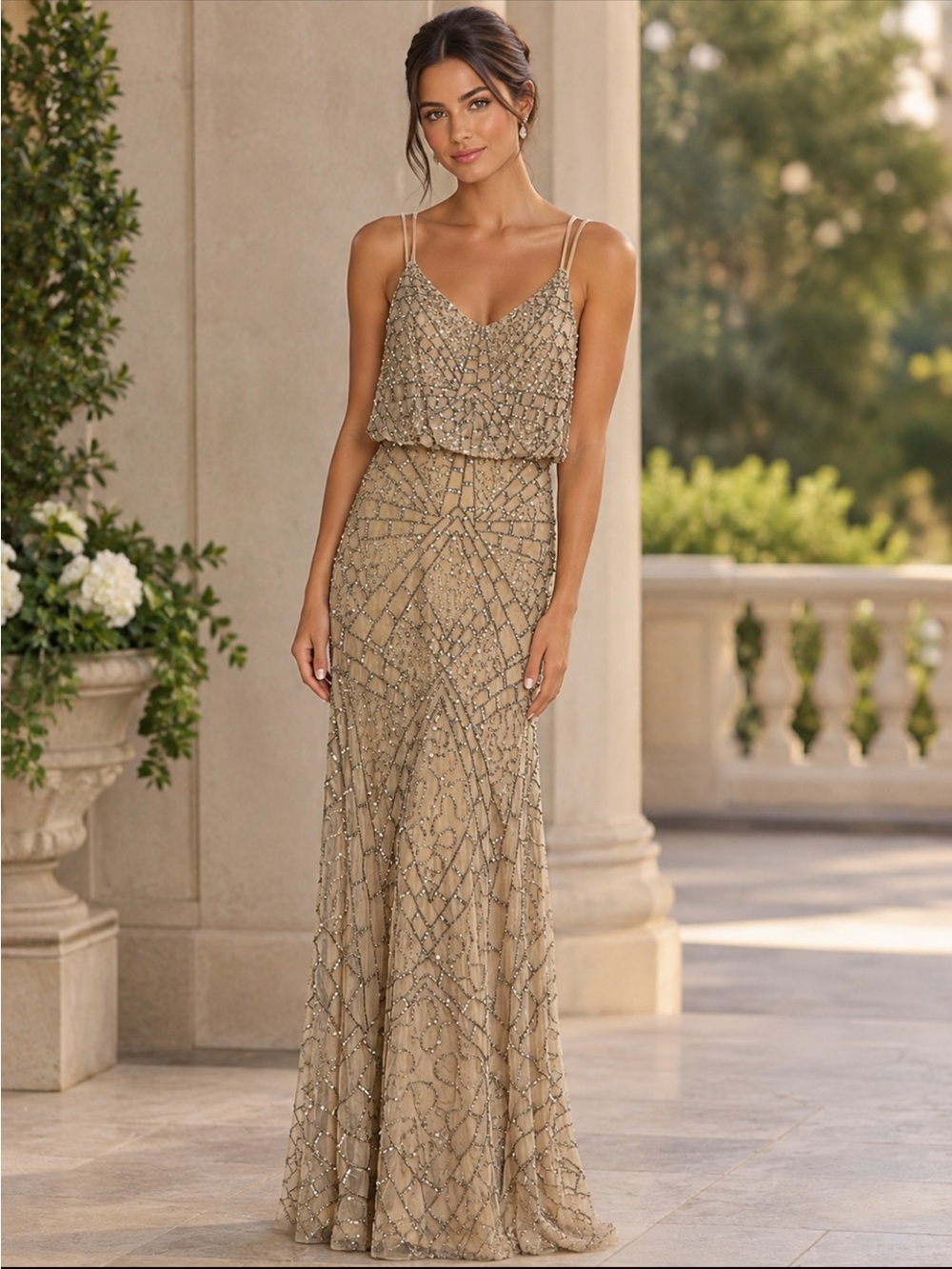 Adrianna Papell Beaded blousan sleeveless long Gown